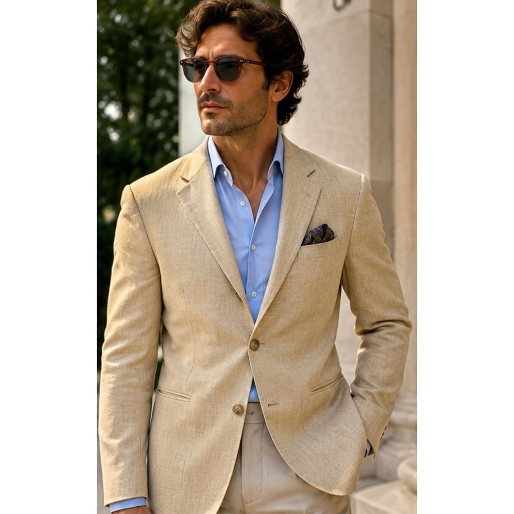 SARAR Men Sport Coat 46 EU Tan Ermenegildo Zegna Cloth Wool Silk Linen 3 Button
